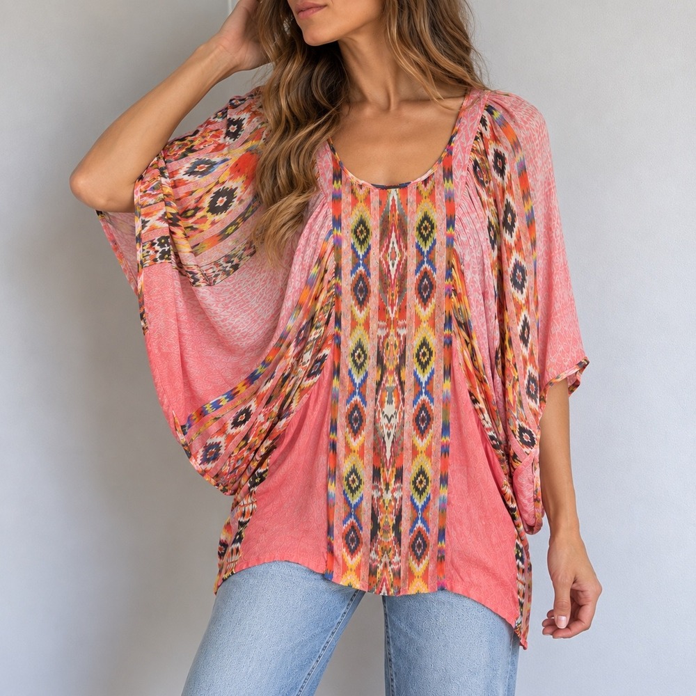 Anthropologie Tanvi Kedia Pink Ikat Print Dolman Blouse Small Boho Festival